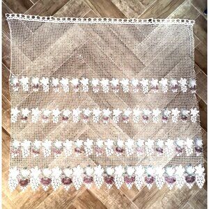 Pair Crochet Curtains 50"L x 55"W Ecru Cotton Grape Motif Vintage Cottagecore